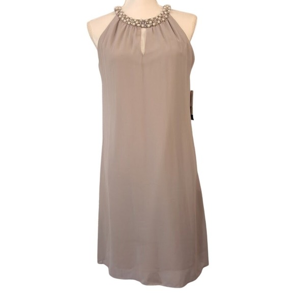 S.L. FASHIONS 6 Halter Shift Dress Chiffon Sleeveless Pearl Bead Neckline Taupe - Picture 1 of 14
